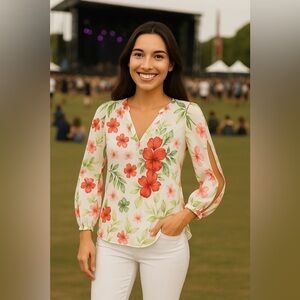 Foxcroft NY gorgeous floral blouse. Great detailing. Slit sleeves. size M.